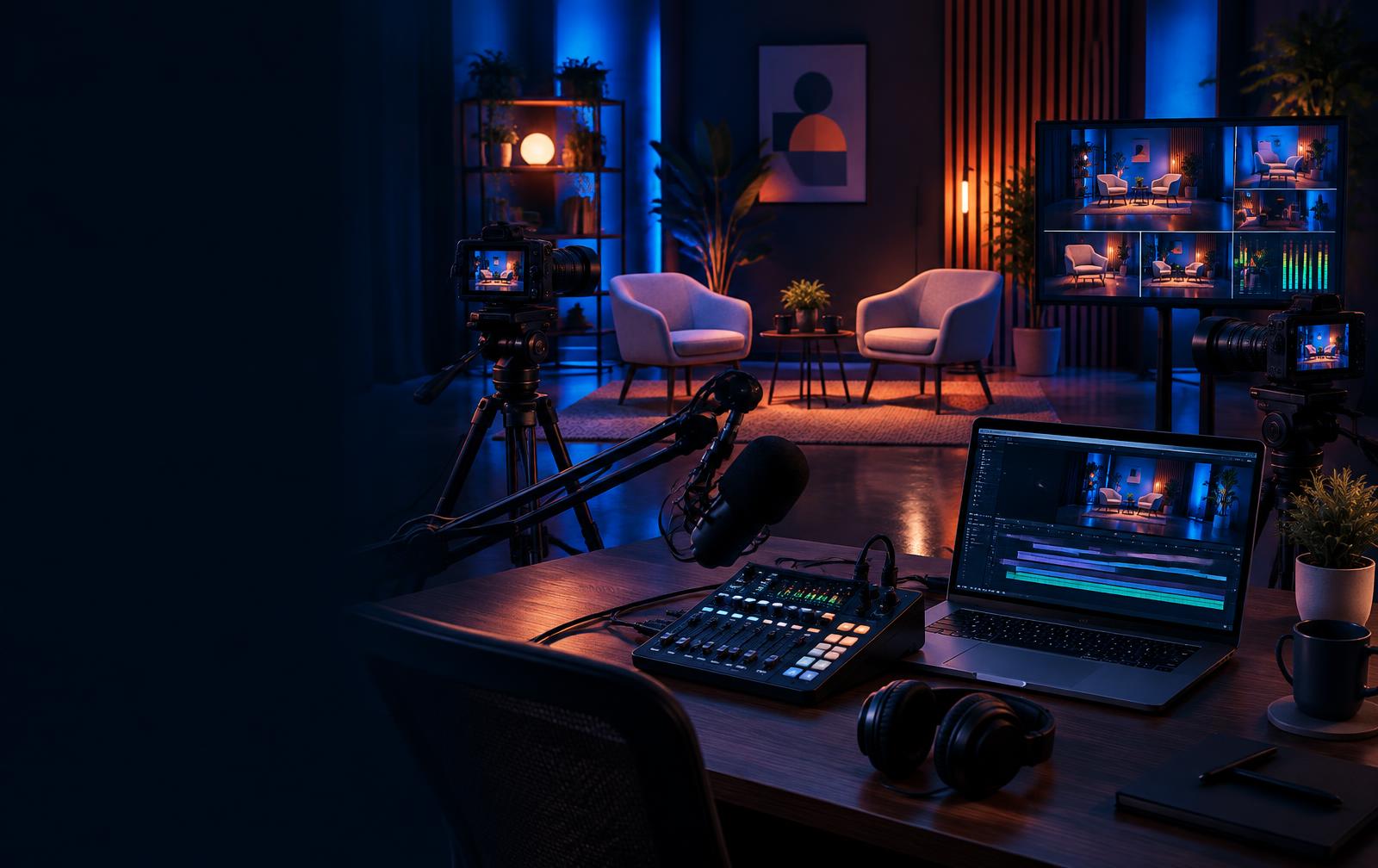 Cameras, microphones and a production desk in a creator studio